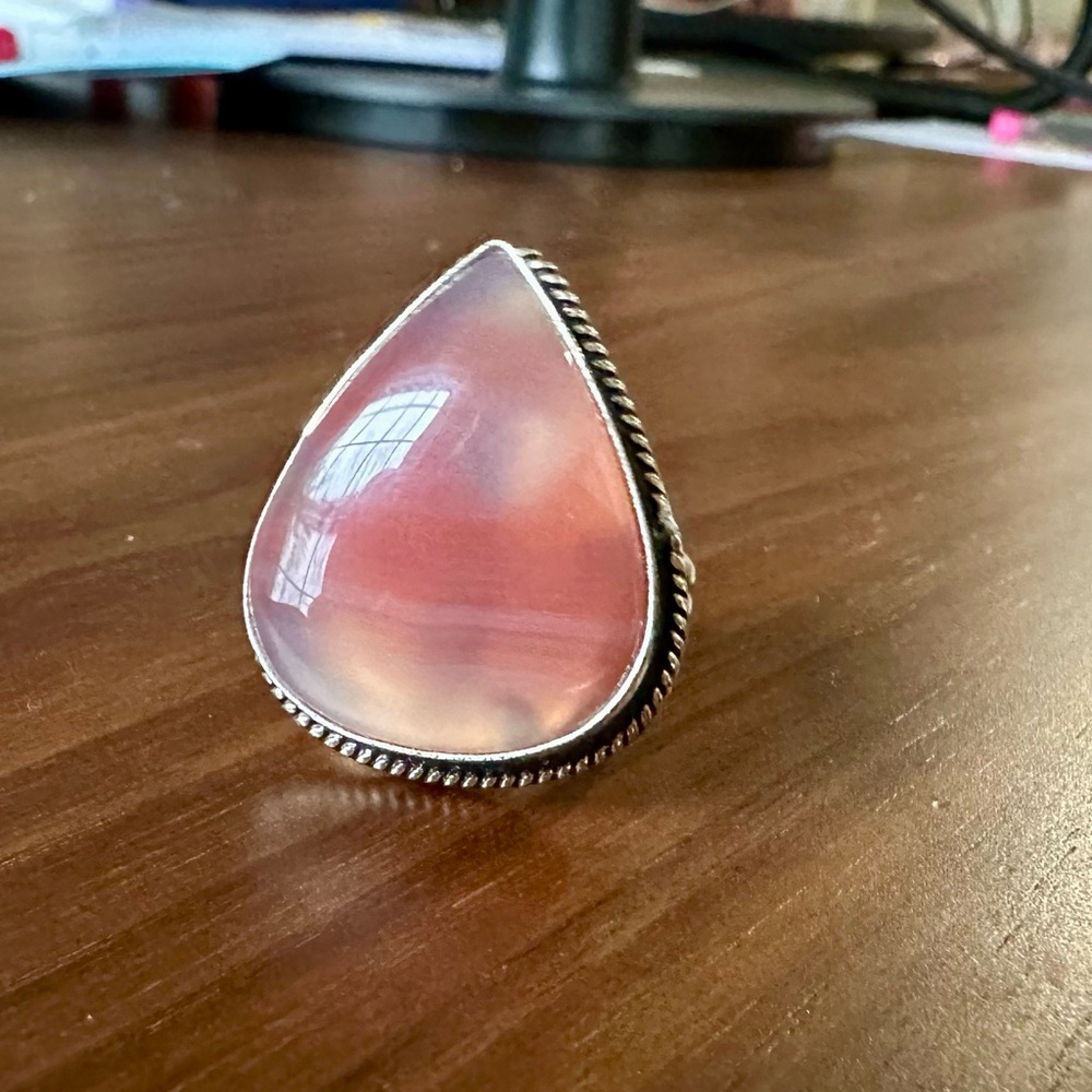 Striped Pink Agate & Sterling Silver 925 Ring, Size 9